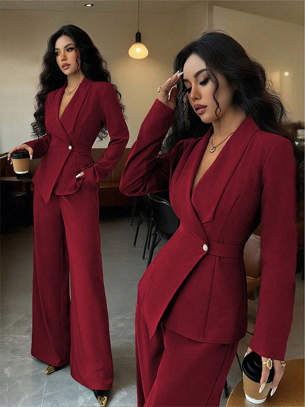 Chic Fashion Long Sleeve Suit Jacket and Straight Pants Two-Piece Set for Women