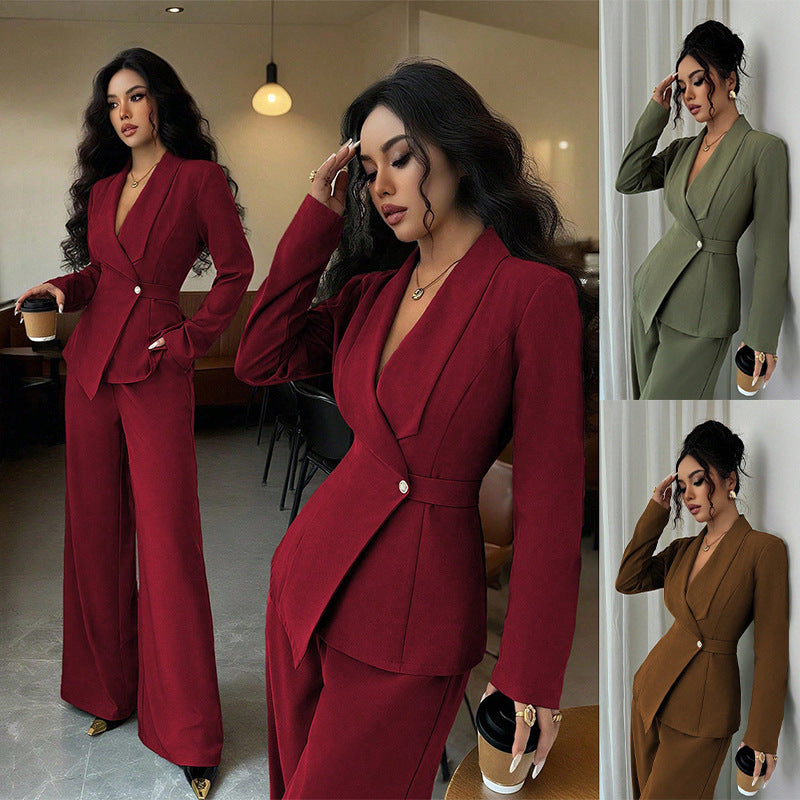 Chic Fashion Long Sleeve Suit Jacket and Straight Pants Two-Piece Set for Women
