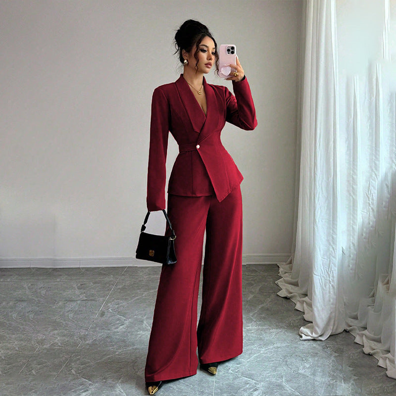 Chic Fashion Long Sleeve Suit Jacket and Straight Pants Two-Piece Set for Women