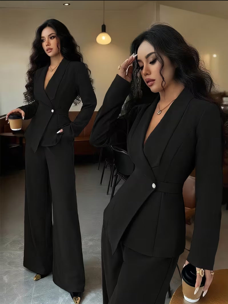 Chic Fashion Long Sleeve Suit Jacket and Straight Pants Two-Piece Set for Women