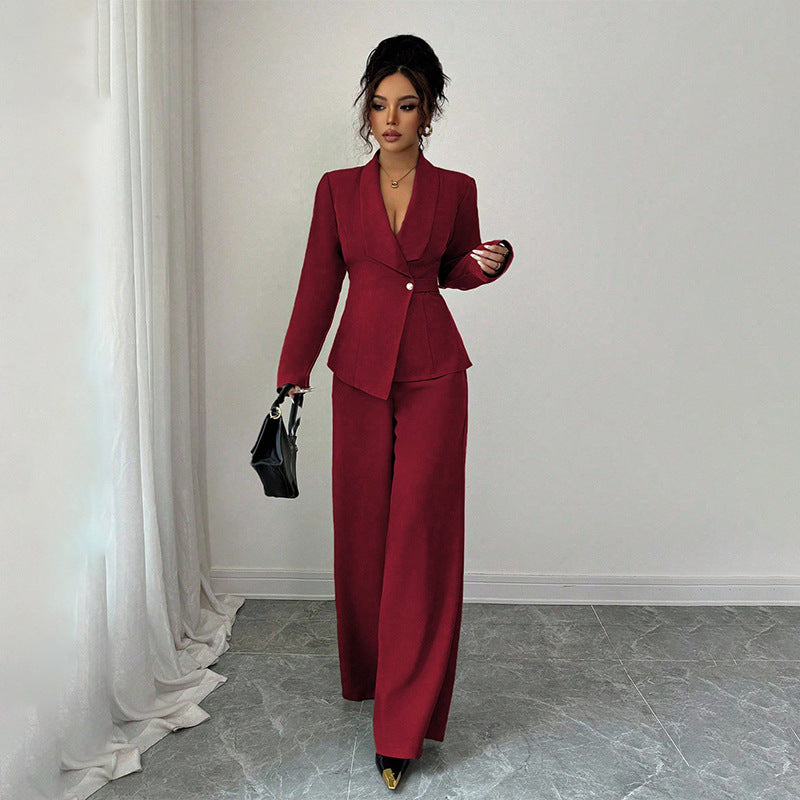 Chic Fashion Long Sleeve Suit Jacket and Straight Pants Two-Piece Set for Women
